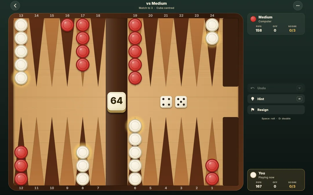 The Backgammon Lounge board: numbered points, red and white checkers, dice and pip counts